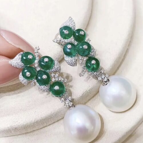 Spring Inspired LC  Cabochon Emerald And White Sapphire And Pearl Earrings