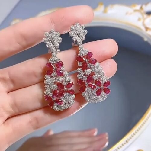 Nature Inspired LC Ruby And White Sapphire Dangling Earrings