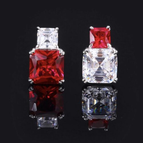 LC Ruby And LC White Sapphire Asscher Cut Earrings Set In 925 Sterling Silver