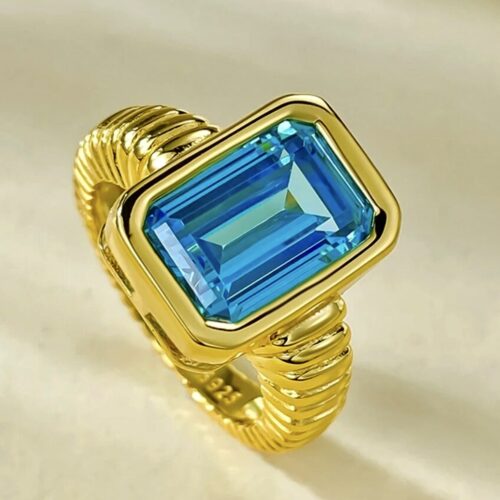 Roman Inspired LC Aquamarine  Besel Set In 18 Kt  Yellow Gold Plated Sterling Silver Ring