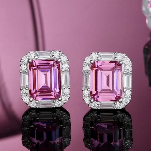LC Emerald Cut Pink Sapphire Earrings Surrounded By Round And Baguette LC White Sapphires.