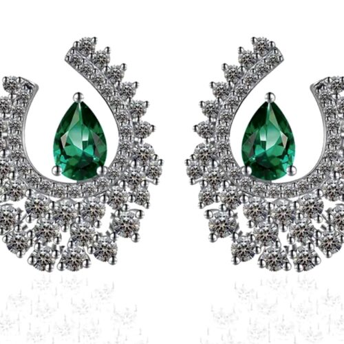 Pear Cut LC Emerald Earrings Surrounded By Round LC White Sapphires.