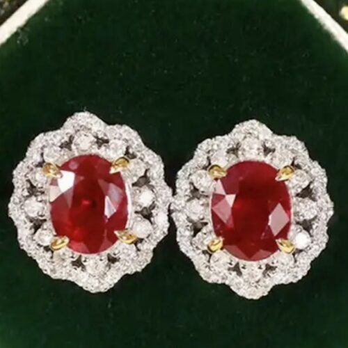 Genuine Ruby And Diamond Earrings Set In Solid 18 Kt White And Yellow  Gold