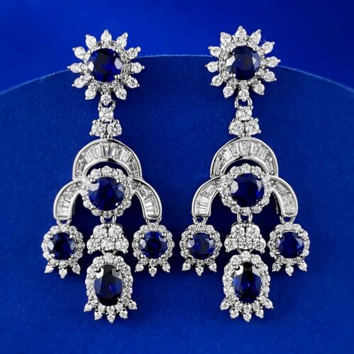 LC White And Blue Sapphire Chandelier Earrings In 925 Sterling Silver