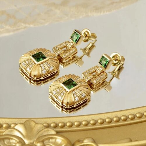 Roman Era Inspired 18 Kt Gold Plated Sterling Silver LC Emerald And LC White Sapphire Earrings