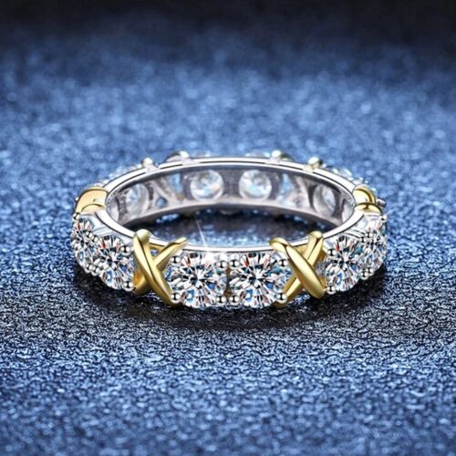 2 Tone Sterling Silver And 18 Kt Gold Plated Eternity Wedding Band With Genuine Moissanite Stones ..
