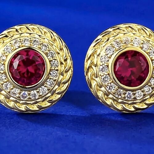 18 Karat Gold Plated Sterling Silver Earrings With LC Round  Rubies And  LC White Sapphires